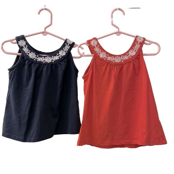 Joe Fresh Tank Tops Set of 2 Navy & Coral w/White Flowers Girl Toddler Size 4 - Picture 1 of 8